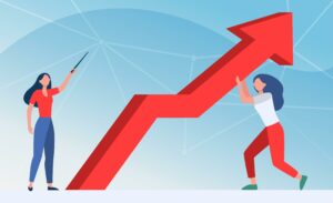 Illustration of an upward slanting graph with two women lifting it up to illustrate Multi-Location SEO 5 Ways to Harness its Power_4