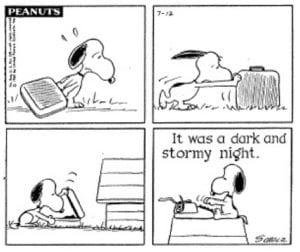 Peanuts cartoon strip featuring Snoopy and a typewriter