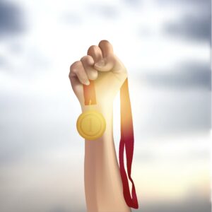 A hand holds up a gold medal in triumph to illustrate AI Content Writers What They Get Right & What They Muck Up