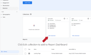 GA4 Custom Report Step 6 - Click Edit collection to add to Report Dashboard