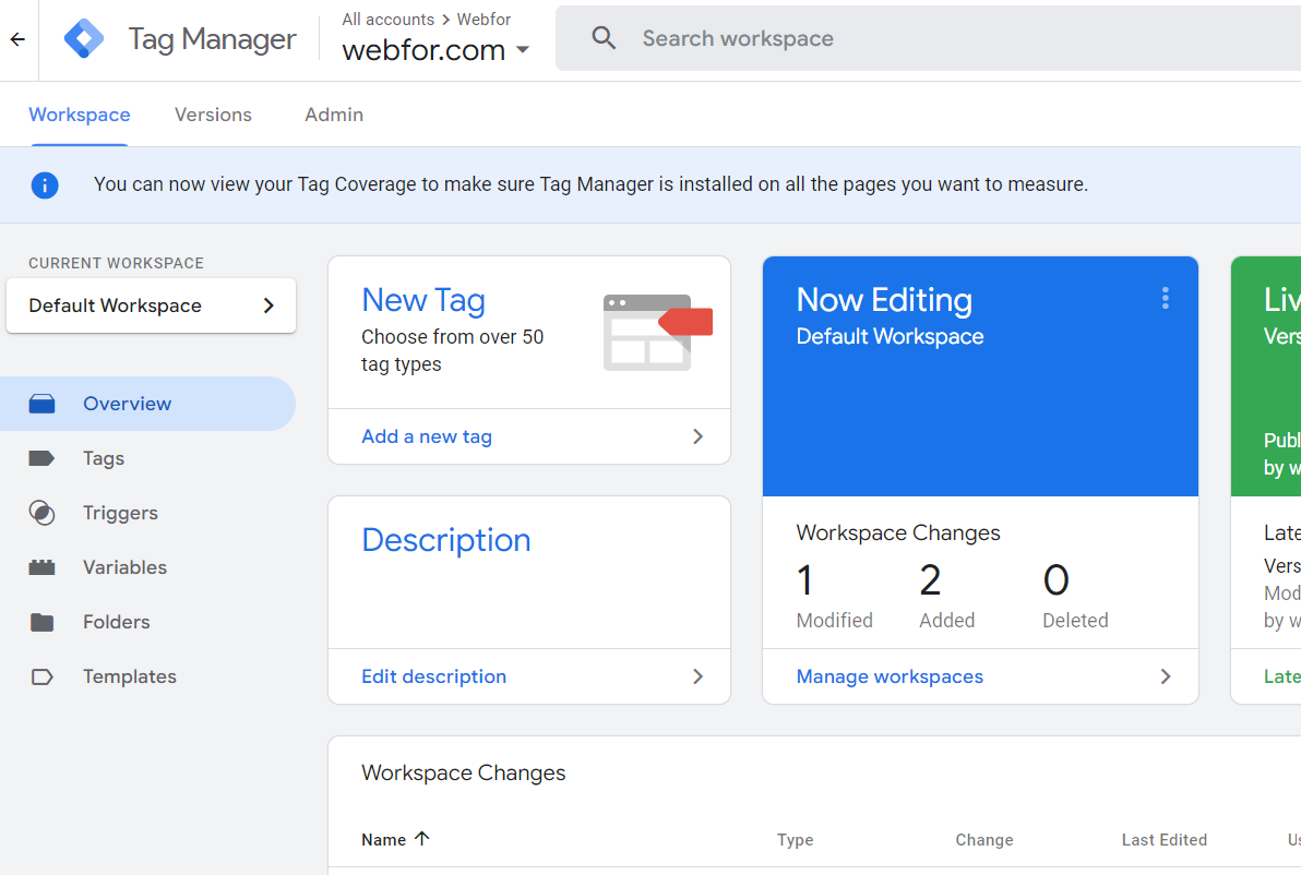 Google Tag Manager dashboard