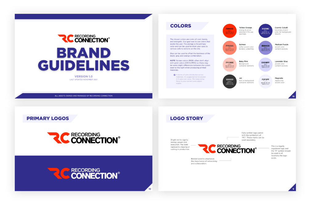 brand guide and brand book for Recording Connection Audio Institute
