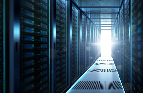 Big data center storage with full of rack servers and light flare effect to illustrate Website Hosting, Maintenance Solutions, Security, Certainty