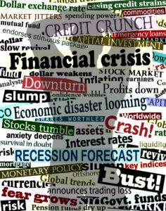 Negative words related to economic trouble (crisi, crash, etc.) to illustrate Marketing During Recessions Time For Bold Moves, Creativity