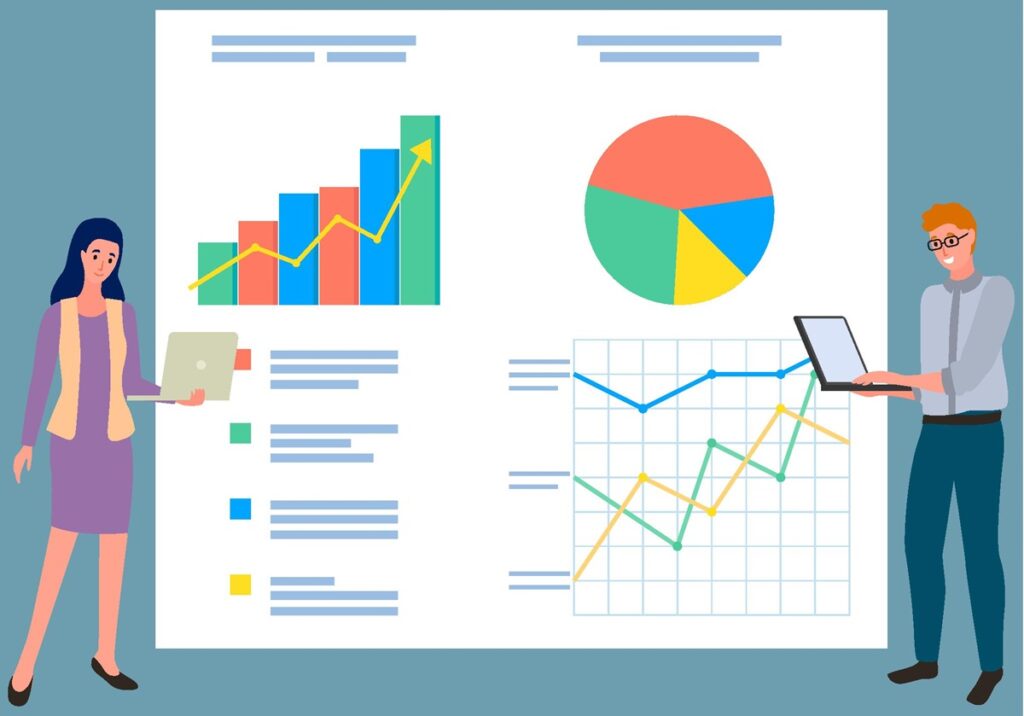 An illustration of two people analyzing marketing metrics.