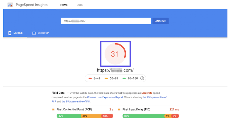 Page Speed Score website results