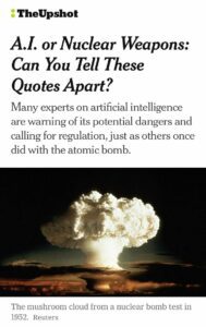 A screenshot from a New York Times piece headlined, "A.I. or Nuclear Weapons: Can You Tell These Quotes Apart?" with a picture of a mushroom cloud to illustrate Report: ‘Content Marketers Remain A Core Business Need.’