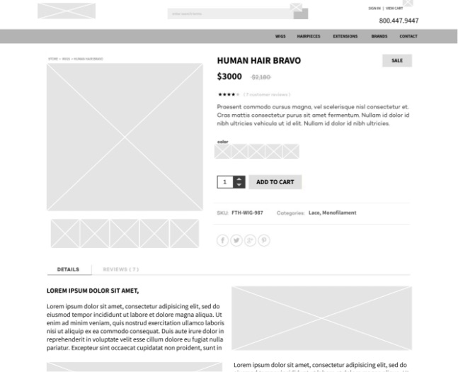UI UX Services wireframe for ecommerce product page