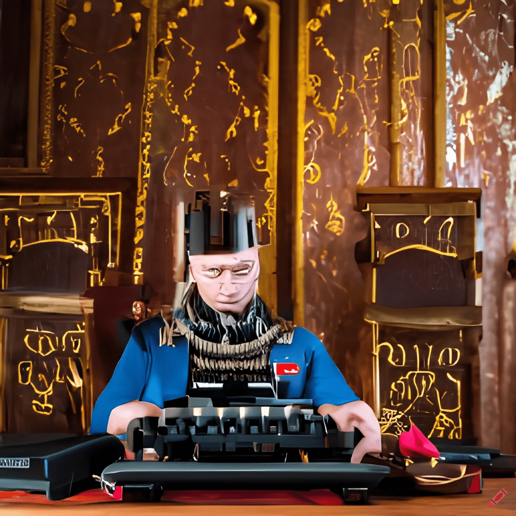 An AI-generated image trying to show a king at a typewriter and desk to illustrate AI writing tools.
