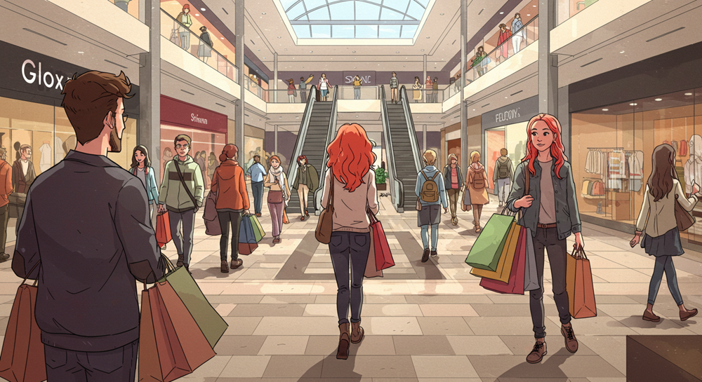 AI generated image of people shopping in mall representing brand loyalty