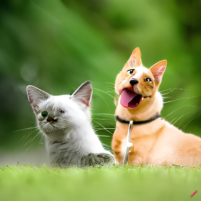 An ai-generated image of surreal-looking dog and cat on grass to illustrate AI writing tools.