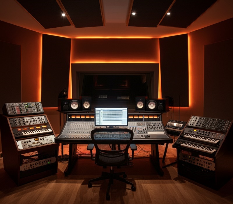 An music studio with recording gear.